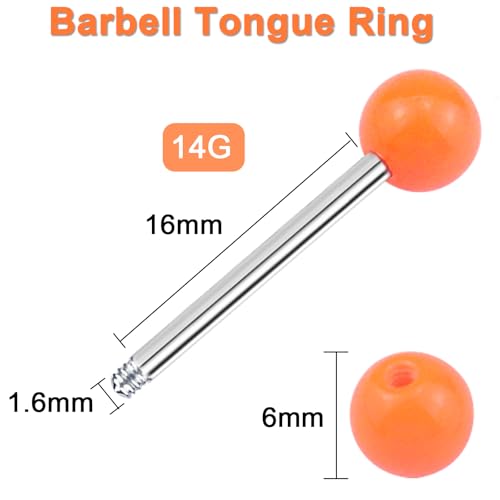12/16/24Pcs Tongue Rings for Women Candy Color Ball Tongue Nipple Piercing 14G Surgical Steel Barbell Tongue Retainer Body Jewelry Bar Length 16mm - style: Colorful-16Pcs