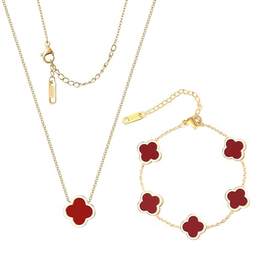 Delicacy Clover Bracelets Necklace Set:Clover Necklaces Clover Bracelet Women Link Bracelets Cute Gold Jewelry - color: Red-Gold