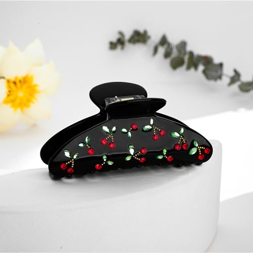 LILIE&WHITE Acrylic Hair Clips For Women Black Claw Clips | With The Rhinestone Pattern In Red Cherry Hair Clip With Claw For Thick Hair Strong Hair Fix Claw Clips - color: HC21221B