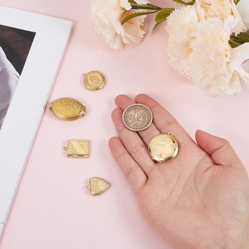 NICENEEDED 5 PCS 5 Style Copper Gold Locket Pendants, Small Heart Photo Frame Charms Metal Oval Memory Locket Charms, Square Picture Frame Bouquet Charm for DIY Jewelry Making