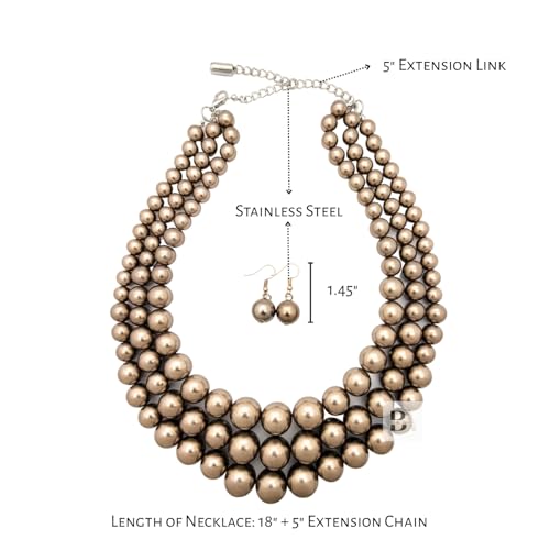 Simulated Pearl Necklace & Earring Set, Multi Strand - color: Mocha