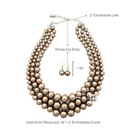 Simulated Pearl Necklace & Earring Set, Multi Strand - color: Mocha