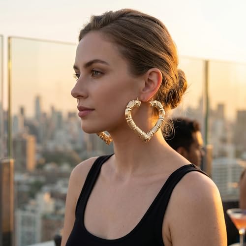 PAGOW 2 Pairs Large Bamboo Earrings, 14K Gold Plated Hoop Bamboo Earrings | Heart-Shaped Hoop Y2K Earrings, Hypoallergenic 80s 90s Shiny Hip Hop Earring Hoops for Women Jewelry Party - 2 Styles - color: gold,2 styles