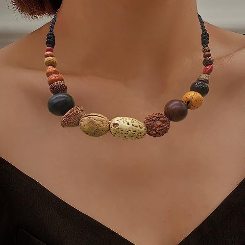 COLORFUL BLING Natural Chunky Wooden Beads Statement Necklace Boho African Tribal Collar Choker Bib Necklace Hippie Vacation Jewelry for Unisex Men Women - color: Bodhi seed