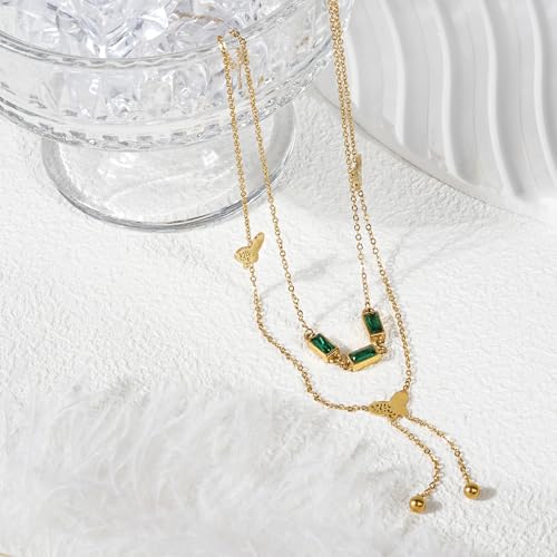 Emerald Cut Y Shaped Necklace for Women 18K Gold Plated Double Layered Y Lariat Necklace Jewelry Gift - color: Style11-Green