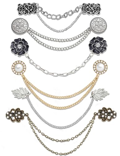 Vintage Sweater Shawl Clip Chain Antique Retro Cardigan Dress Cloak Collar Lapel Brooch Pin With Hanging Chain Rose Flower Leaf Pearl CZ Shirt Suit Holder Clasp Accessories Gift for Women Men