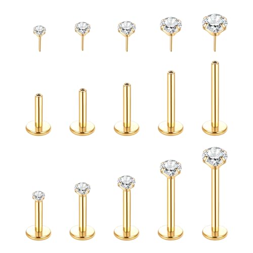 Aumeo 20G 18G 16G Threadless Push in Nose Rings Studs Surgical Steel Labret Jewelry Monroe Lip Rings Studs Medusa Ashley Piercing Jewelry for Women - color: Gold, size: 16g*6/7/8/10/12mm