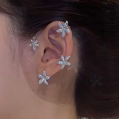 BETHYNAS Glitter Rhinestone Butterfly Flower Ear Cuff Sparkly Non-Pierced Crystal Tassel Fake Earrings Climber Lady Ear Wrap Bridal Party Ear Jewelry for Women and Girls - color: Silver Flower
