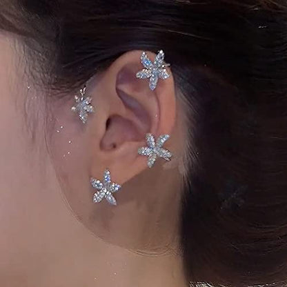 BETHYNAS Glitter Rhinestone Butterfly Flower Ear Cuff Sparkly Non-Pierced Crystal Tassel Fake Earrings Climber Lady Ear Wrap Bridal Party Ear Jewelry for Women and Girls - color: Silver Flower