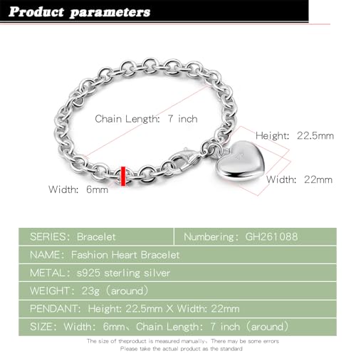 Dankadi Women 925 Sterling Silver Round Cable Wire Link Bracelet Charm Heart-Bell-Square-Circle Pendant Chain Bangle Fine Jewelry Gift For Wife Her - color: 6mm Silver Heart Pendant, size: 7 in