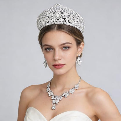 Princess Tiara Crown and Jewelry Sets for Women Wedding Rhinestone Crystal Tiaras and Crowns with Necklace Earrings Party Birthday Accessories - color: Silver White