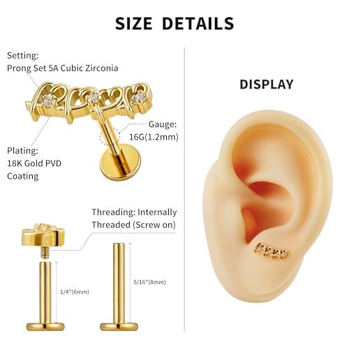 Hollow Heart Piercing Jewelry Collection - ASTM F136 Titanium Internally Threaded Flat Back Stud for Cartilage, Helix, Conch - color: Soldered Heart - Gold