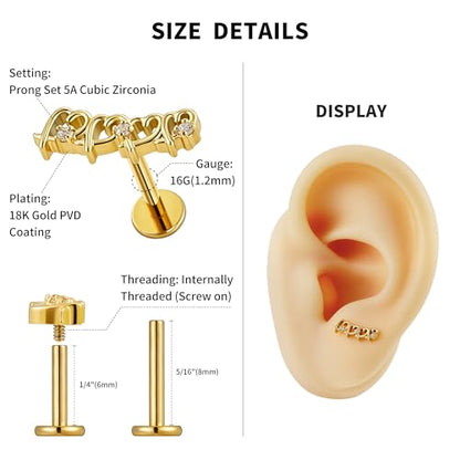 Hollow Heart Piercing Jewelry Collection - ASTM F136 Titanium Internally Threaded Flat Back Stud for Cartilage, Helix, Conch - color: Soldered Heart - Gold