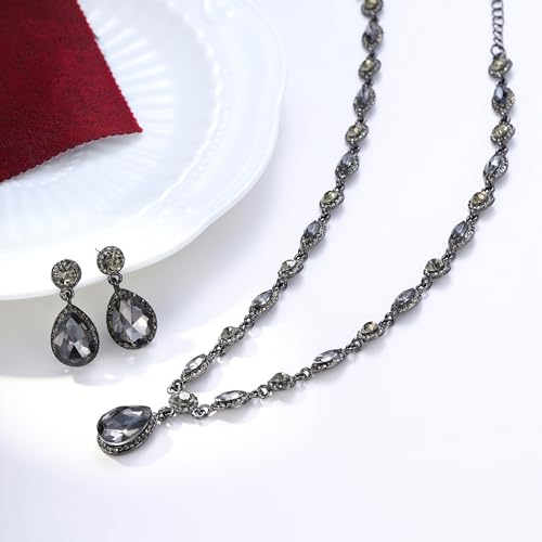 EleQueen Women's Teardrop Necklace Earrings Jewellery Set for Party Prom | Wedding Bridal Costume Jewelry Set for Brides Bridesmaids, Crystal Teardrop Necklace Dangle Earrings - color: Gray Color Black-Tone
