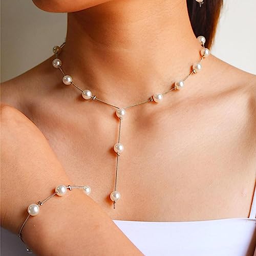 Bridal Necklace Earring and Bracelet Set Faux Pearl Jewelry Set for Women Wedding Bridal Jewelry (Silver)