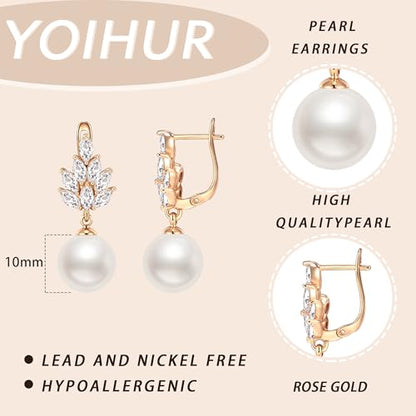 YOIHUR Drop Dangle Pearl Earrings for Women, Dainty 14K Gold Plated Pearl Hoop Earrings Hypoallergenic Wedding Pearls Dangle Earrings Jewelry Gift for Women Bridal - color: Gold-Exquisite Zircon Pearl Earrings