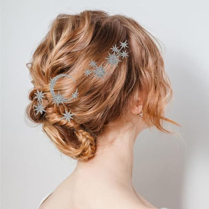 5 Pcs Celestial Crystal Bridal Hair Pins Set, Star & Moon Rhinestone Hair Accessories for Wedding, Goddess-Style Hair Pieces for Women(Silver) - color: Silver