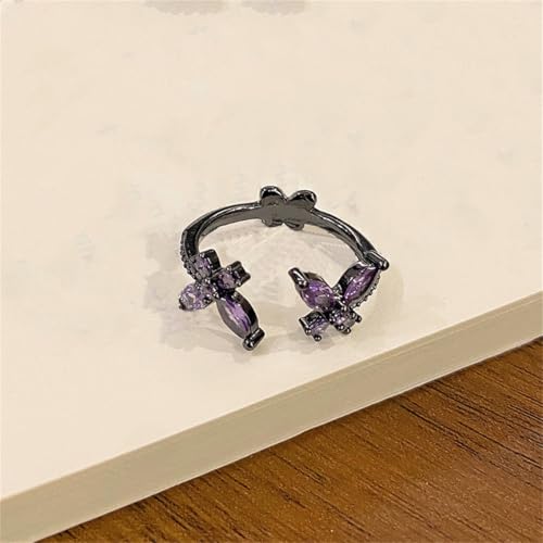 Gothic CZ Butterfly Open Band Rings for Women Silver Gold Plaed Black Butterflies Animals Crystal Statement Stacking Wrap Finger Ring Adjustable Comfort Fit Punk Halloween Party Jewelry