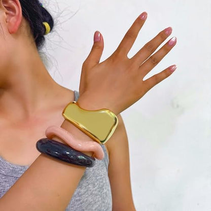 2PCS Chunky Acrylic Bracelet for Women Large Square Resin Cuff Vintage Open Bangle Bracelets Wide Geometric Jewelry - style: A-gold+black+pink