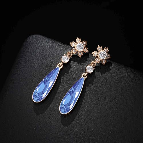 Austrian Crystal Teardrop Earrings Flower Dangle Earrings for Women 14K Gold Plated Drop Stud Earrings Hypoallergenic Jewelry - color: Bermuda Blue
