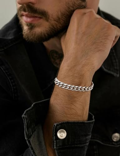 Fiusem Cuban link Bracelets for Men | 5mm/7mm/8mm Width, 7.1"/7.5"/7.9" Length Silver Tone Stainless Steel Bracelets for Men