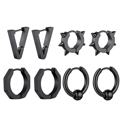 ChainsHouse Stud Earrings for Men Women,316L Stainless Steel/14K Gold/Black Plated Metal, Punk Hypoallergenic Surgical Huggie Hoop Earrings Mens Jewelry Piercing Hoop Earrings - style: F: Black-Different Disign(4 Pairs)