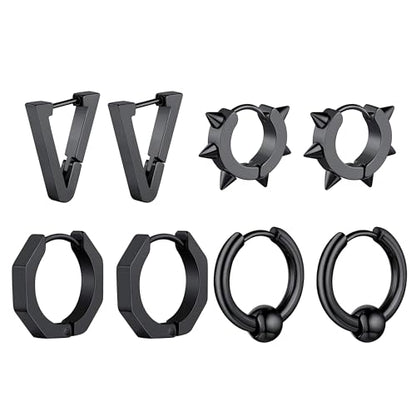 ChainsHouse Stud Earrings for Men Women,316L Stainless Steel/14K Gold/Black Plated Metal, Punk Hypoallergenic Surgical Huggie Hoop Earrings Mens Jewelry Piercing Hoop Earrings - style: F: Black-Different Disign(4 Pairs)