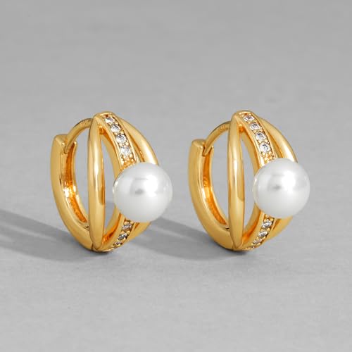 DREMMY STUDIOS Gold Dainty Huggie Hoop Earrings 18K Gold Plated Exquisite Open Tassel Dangle Charm Drop Sleeper Geometric Cross Coin Star Heart White CZ Simple Hypoallergenic Earrings for Women - color: Pearl Hoop