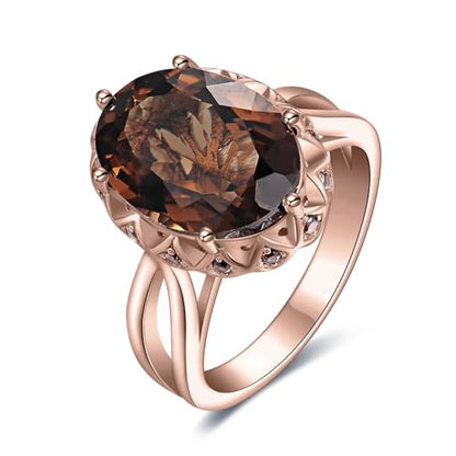 JewelryPalace Huge Oval Shape 5.7ct Genuine Smoky Quartz Cocktail Rings for Her, 14K White Yellow Rose Gold Plated 925 Sterling Silver Ring for Women, Natural Gemstone Jewelry Sets Rings - color: 3-Rose Gold Plated Brass