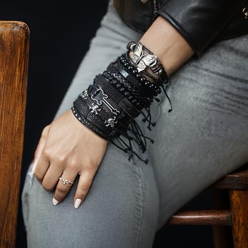 10pcs/set Black Punk Style PU Leather Bracelet Set - Adjustable Cuff Wraps for Men & Women, Perfect for Casual Attire & Gifting