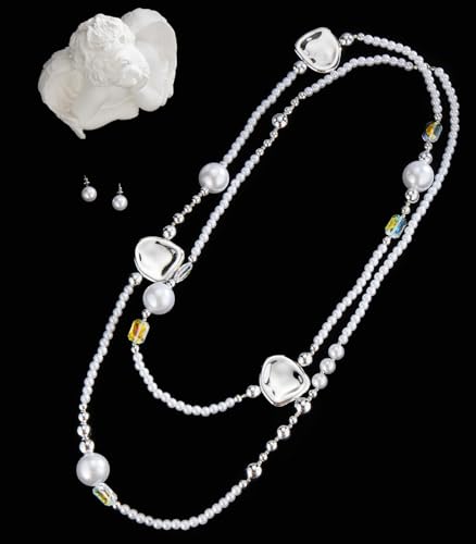 Errally Long Pearl Necklace and Earring Set Layered Pearl Beaded Necklaces for Women White Costume Jewelry Sets Gifts for Mom - color: Silver Piece