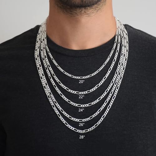 925 Sterling Silver Figaro Chain Necklace for Women and Men, 4mm Hypoallergenic Nickel-Free Silver Necklace Chain, Lobster Clasp Mens Chains Durable Waterproof Gift Ready Jewelry - size: 18 IN
