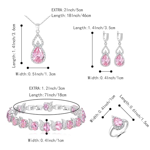 Wedding Jewelry Set for Women Bride Bridesmaid | Gorgeous Cubic Zirconia Teardrop Necklace Earrings Bracelet Adjustable Ring Jewelry Gift for Birthday/Anniversary - color: 14-Pink Silver-Tone