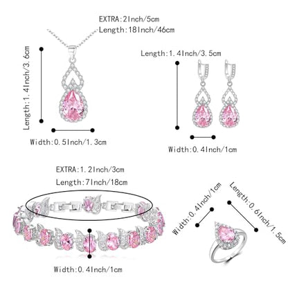 Wedding Jewelry Set for Women Bride Bridesmaid | Gorgeous Cubic Zirconia Teardrop Necklace Earrings Bracelet Adjustable Ring Jewelry Gift for Birthday/Anniversary - color: 14-Pink Silver-Tone
