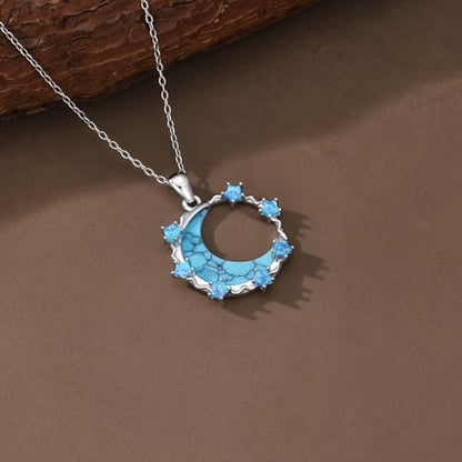 925 Sterling Silver Turquoise Moon Pendant Necklace for Women, Snake/Flower/Bow/Tree of Life/Star Moon Necklace, Dainty Jewelry for Daily Wear & Gifts - style: Style 5