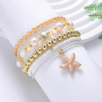 LALAPPLE Shell Bracelet Boho Beaded Stretch Bracelets for Women Seashell Strand Bracelets Starfish Charm Jewelry Summer Beach Jewelry Stackable Crystal Gold Plated Beads Bracelet for Women - style: T-Style9 pink