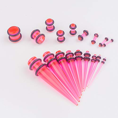 50 Pcs Ear Gauges Stretching Kit 14G-00G | Acrylic Tapers and Plugs Silicone Tunnels, Gauge Expanders Stretching Kit, Piercing Earring Jewelry for Men and Women - color: Pink