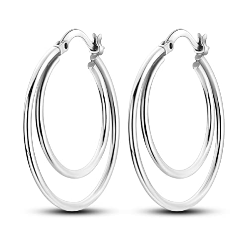 NARMO 925 Sterling Silver Earrings for Women Hypoallergenic Hoop Earrings - color: Double Hoop