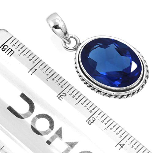 Chunky Natural Gemstone Pendant Necklace For Women Onyx, Turquoise, Amber, Garnet Oval Boho Genuine 925 Sterling Silver Handmade Jewelry - color: Blue Sapphire Simulated