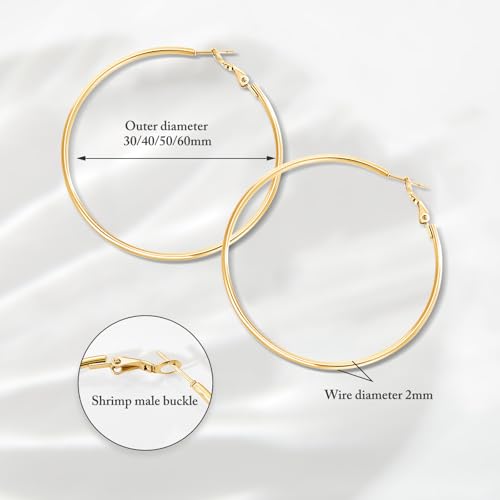 4 Pairs Silver Gold Hoop Earrings for Women | 14K Gold Plated Hoop Earrings Set Hypoallergenic Earring Lightweight Dangle Earrings Set - color: 1 Pair Gold-30mm