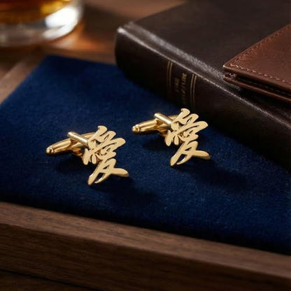 Men’s Chinese Love Symbol Cufflinks – Stainless Steel Cultural-Themed Cuff Links with Gift Box & Polishing Cloth – Available in Silver & Gold - color: golden