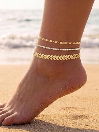 14K Gold/Silver Plated Anklets for Women Layered Anklet Set | Non Tarnish Waterproof Brass Ankle Bracelet, Adjustable Lightweight Dainty Hypoallergenic Chain, Beach Vacation Summer Gift - style: Style1