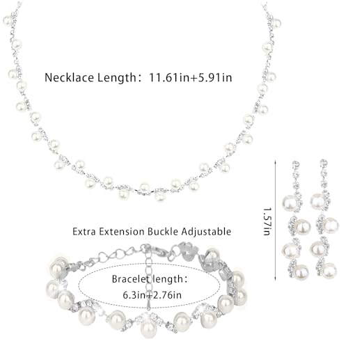 CAVETEE Jewelry Set - Prom Jewelry Crystal Bridal Necklace, Bracelet & Pendant Earring Jewelry Set for Women - style: Pearl