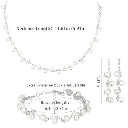 CAVETEE Jewelry Set - Prom Jewelry Crystal Bridal Necklace, Bracelet & Pendant Earring Jewelry Set for Women - style: Pearl