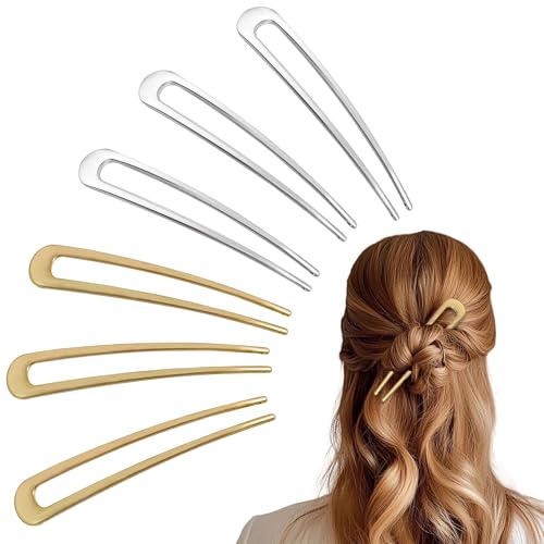 6Pcs Metal French Hair Pins for Women U Shape Sticks 3.9 Inch Vintage Fork for Hairstyle Accessories(Gold/Silver) - color: Gold/Silver