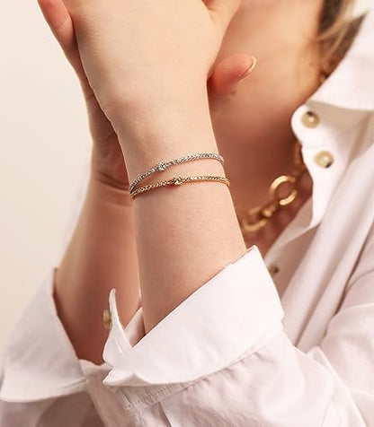 OZEL – Women’s Gold Cuff Bracelets – 18K Gold Plated Textured Bangles with Multi-Color Crystal & Rhinestone Accents – Layered Stacking Jewelry - color: RH_Round