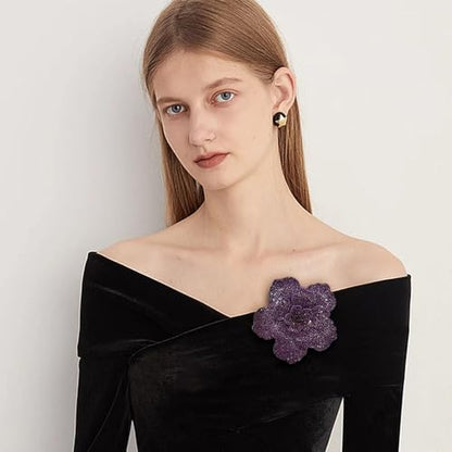 Rhinestone Flower Brooch Pin for Women Men Elegant Sparkly Crystal Camellia Floral Lapel Pins Shawl Dress Suit Clothes Accessories Wedding Party Fashion Jewelry 105mm - color: Purple