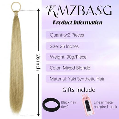 Ponytail Extension with Hair Tie, 26 Inches, 2 PCS | Mixed Blonde Yaki Straight DIY Braided Hairpieces Sleek Light and Soft Fluffy Stayle Ponytail for Women Daily Party Use - color: Mixed Blonde