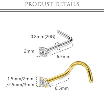 Hoeudjo Nose Studs Surgical Steel Nose Rings Studs 18G 20G 22G Cubic Zirconia 1.5mm 2mm 2.5mm 3mm Hypoallergenic Nostril Ring Screw & L-Shaped Nostril Piercing Jewelry for Women Men - color: silvertone+goldtone, size: 20g