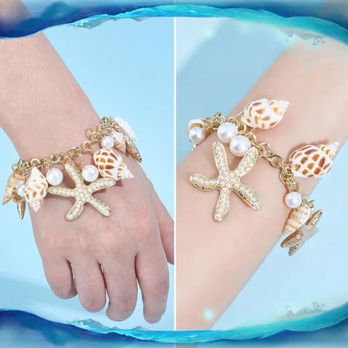 PH PandaHall Sea Shell Starfish Bracelets Boho Beach Bracelet Golden Shell Beads Anklet Pearl Charm Bracelet for Women Adjustable Hawaiian Jamaican Anklet Bracelets Jewelry Mermaid Costume Jewelry - color: shell bracelet